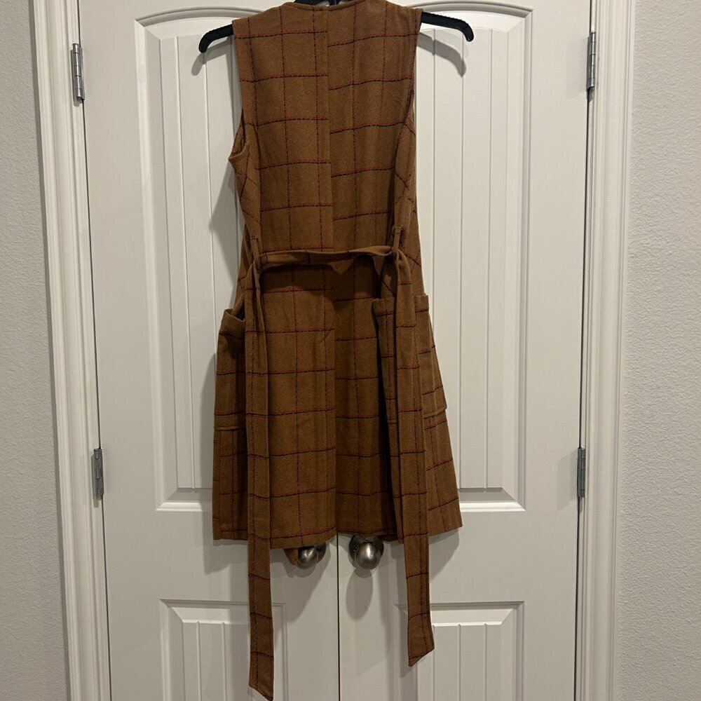 BCBGeneration Carmel Plaid Long Faux-Wool Tie Vest Shacket Women’s Size Small - Picture 7 of 10